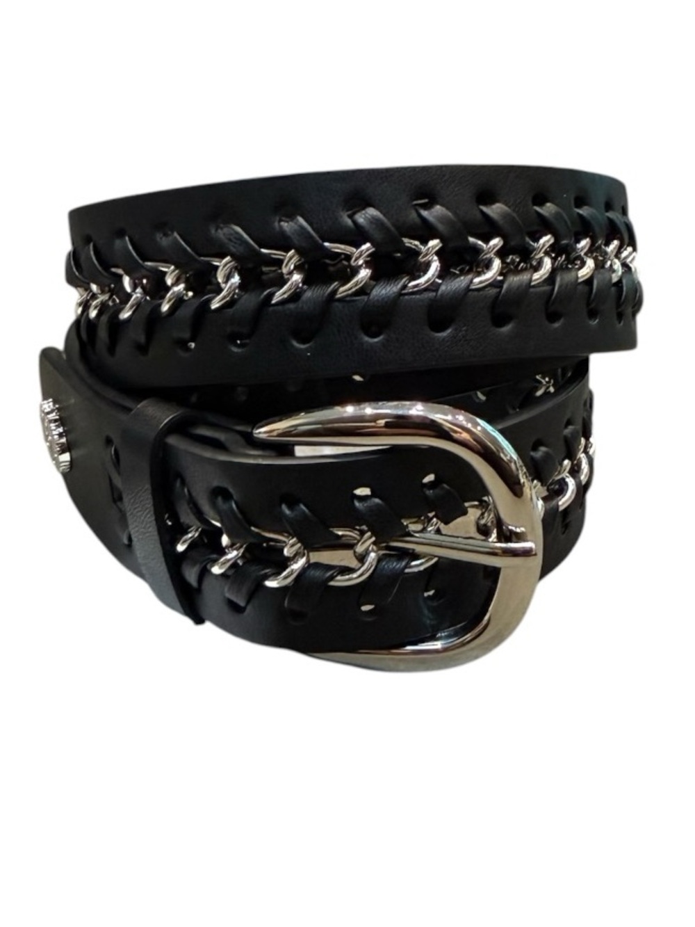 Vince Camuto edgy black vegan leather belt silver chain panel Large NEW